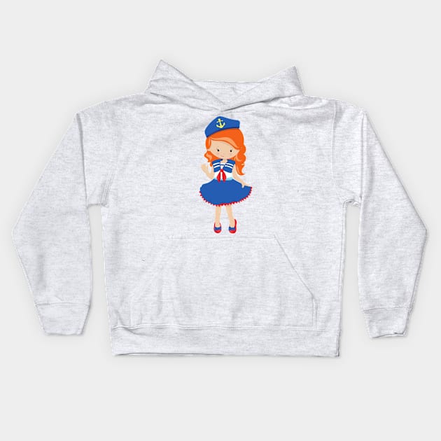 Boat Captain, Skipper, Orange Hair, Cute Girl Kids Hoodie by Jelena Dunčević